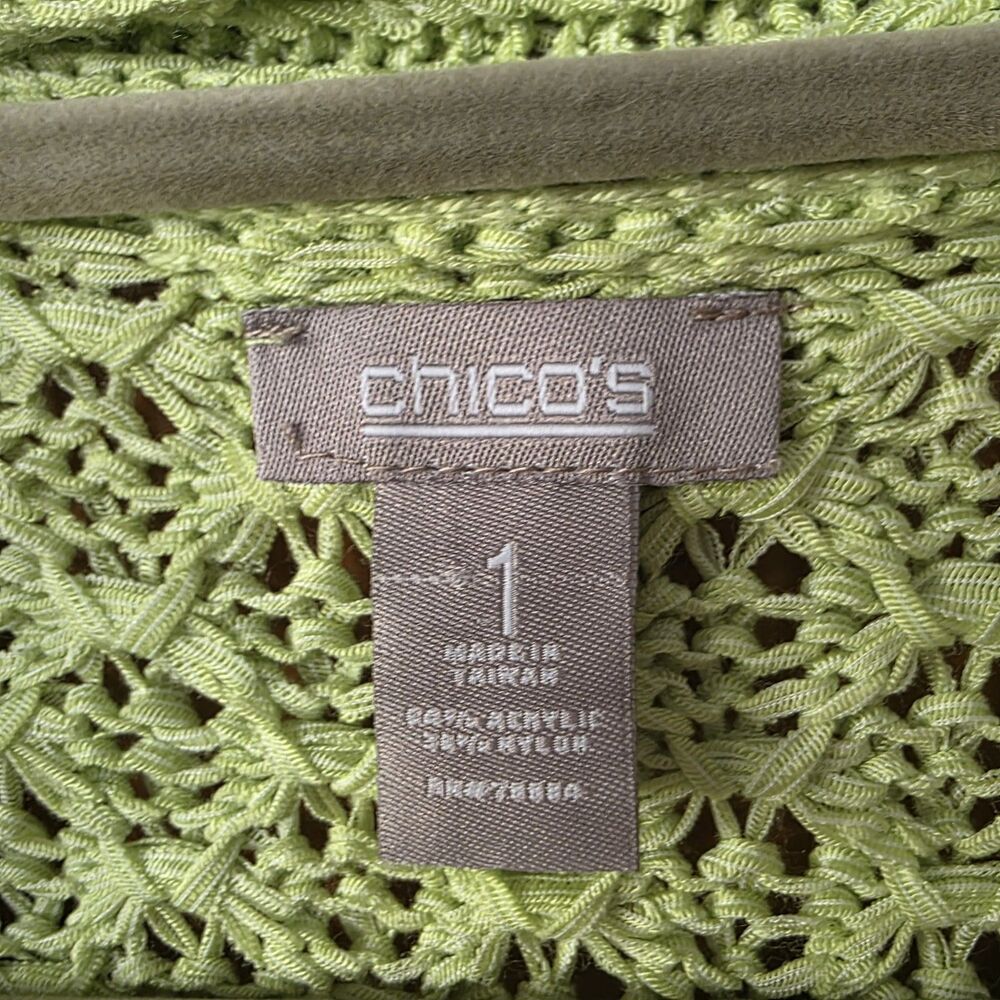 Chico’s Cardigan Size 1 (Medium) Short Sleeve Open Front Lime Green Open Knit - Picture 5 of 8